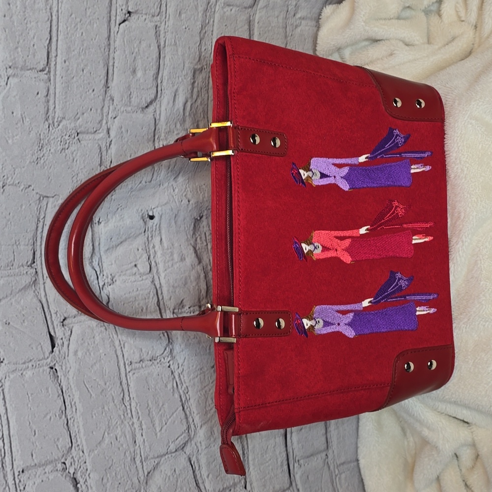 Sandol Living Fashion Red Faux Suede Embroidered Handbag